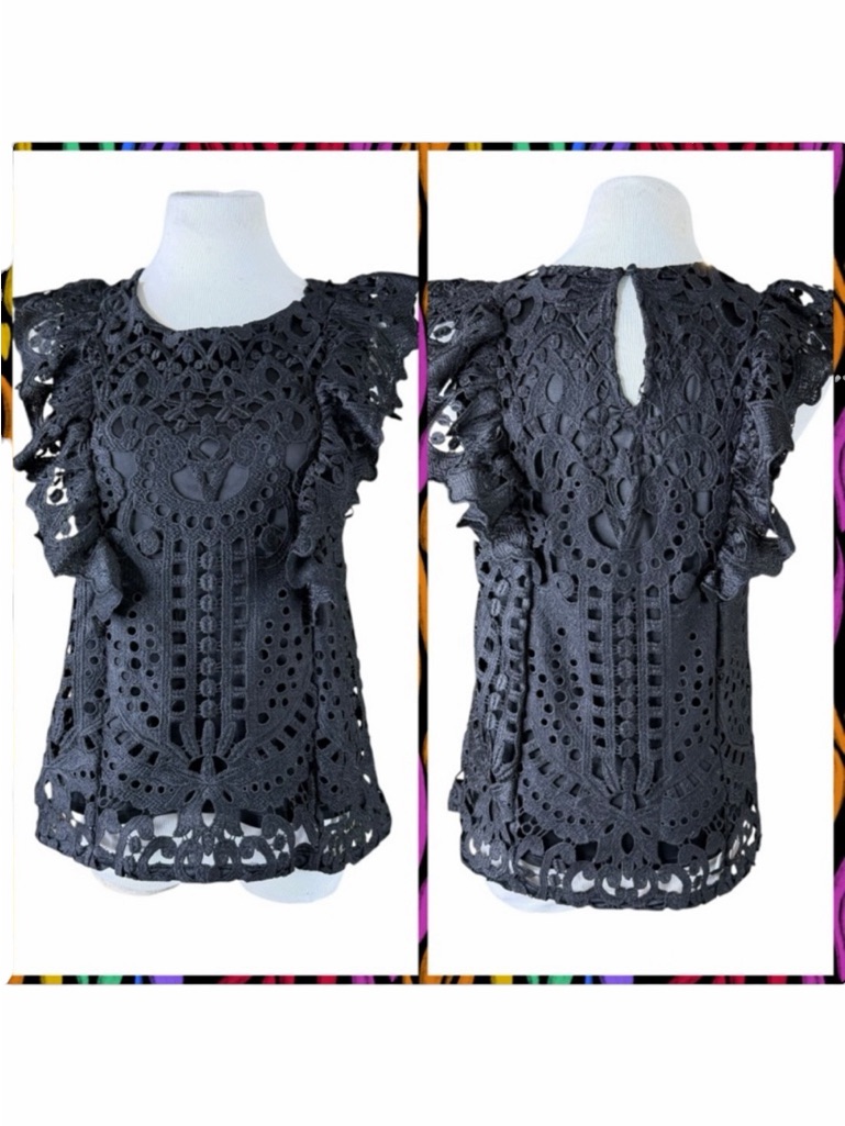 Express Black Baroque Lace Crochet Ruffle Sleeve Blouse - Size Medium